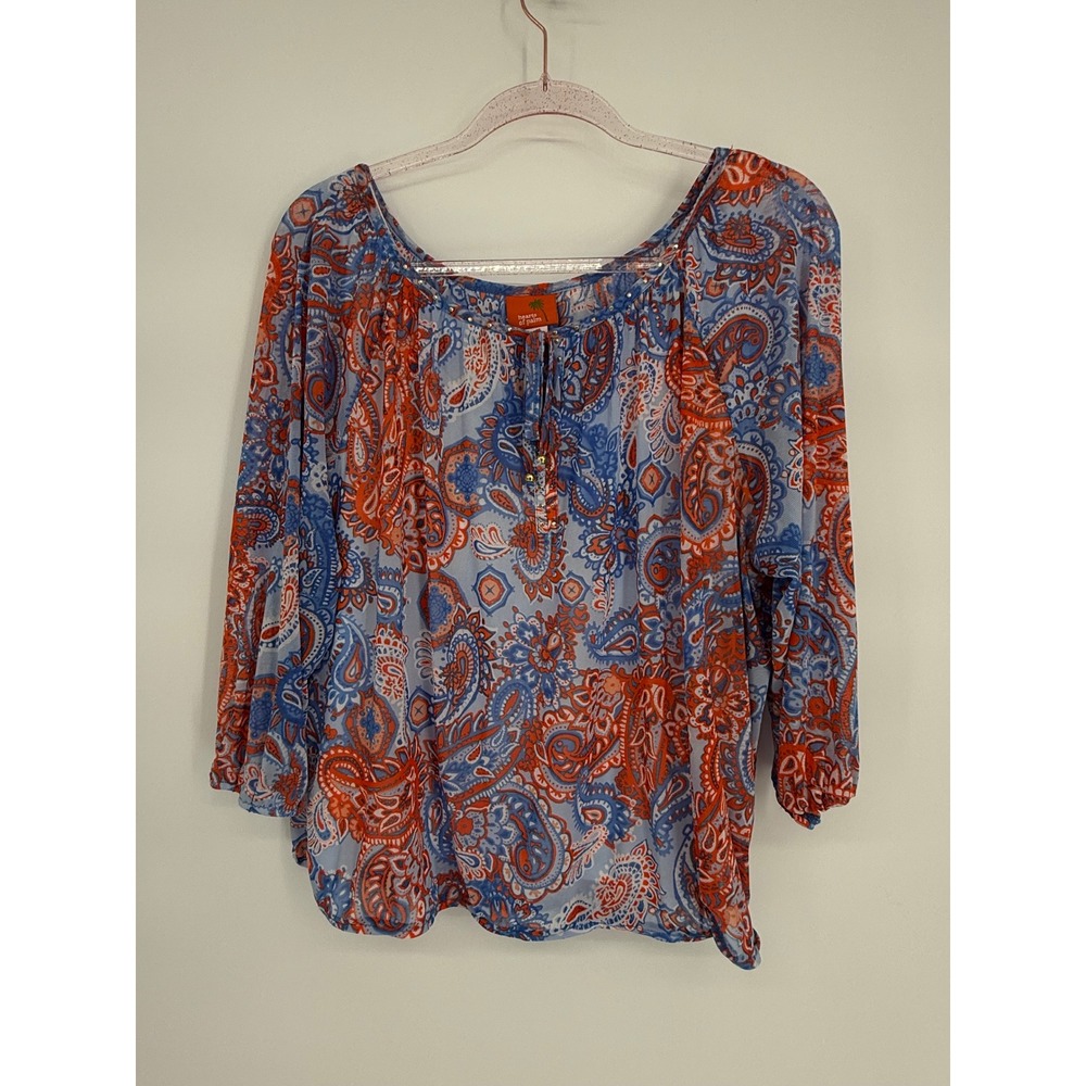 Hearts of Palm Orange/Blue Paisley Mesh Peasant Blouse 3/4 Sleeve Boho Wmn Sz XL